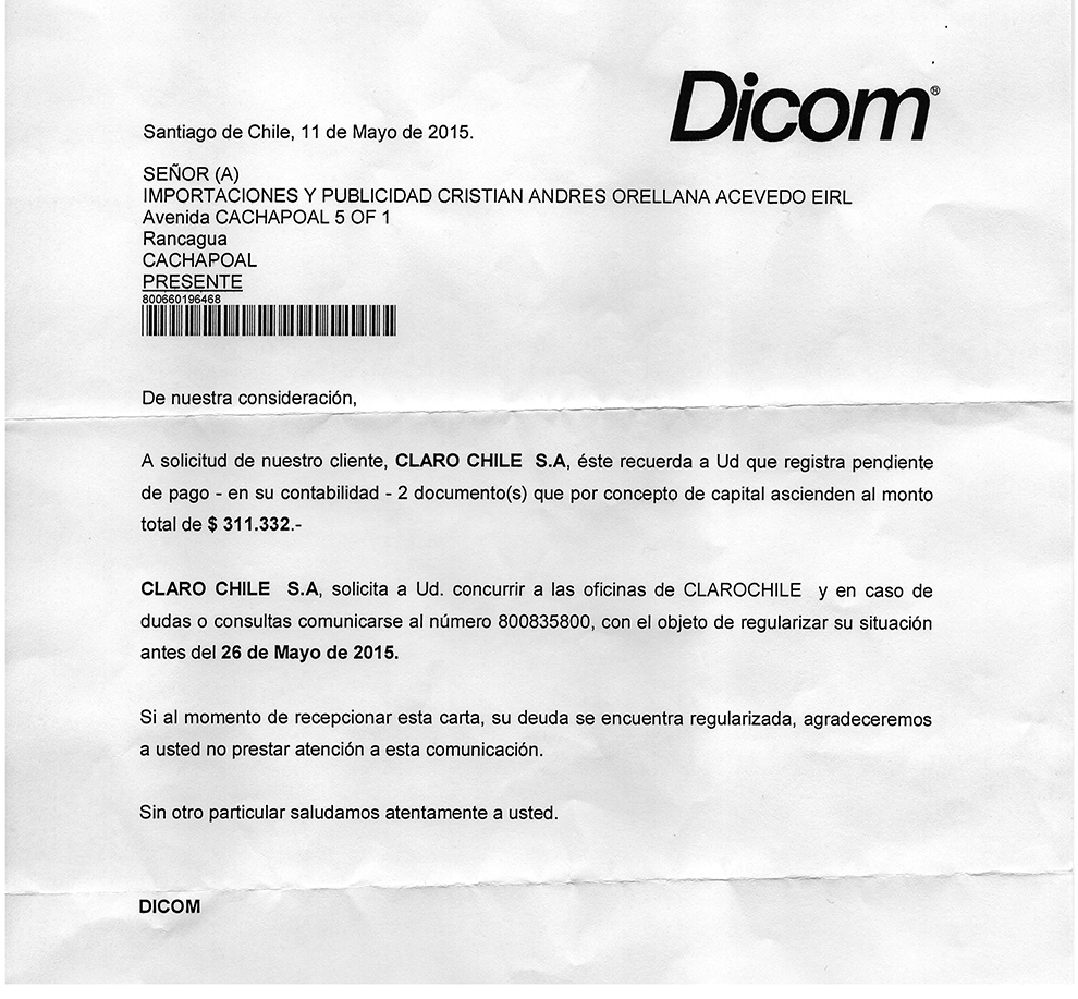 Claro chile s.a. - carta dicom y cobro excesivo e indebido 