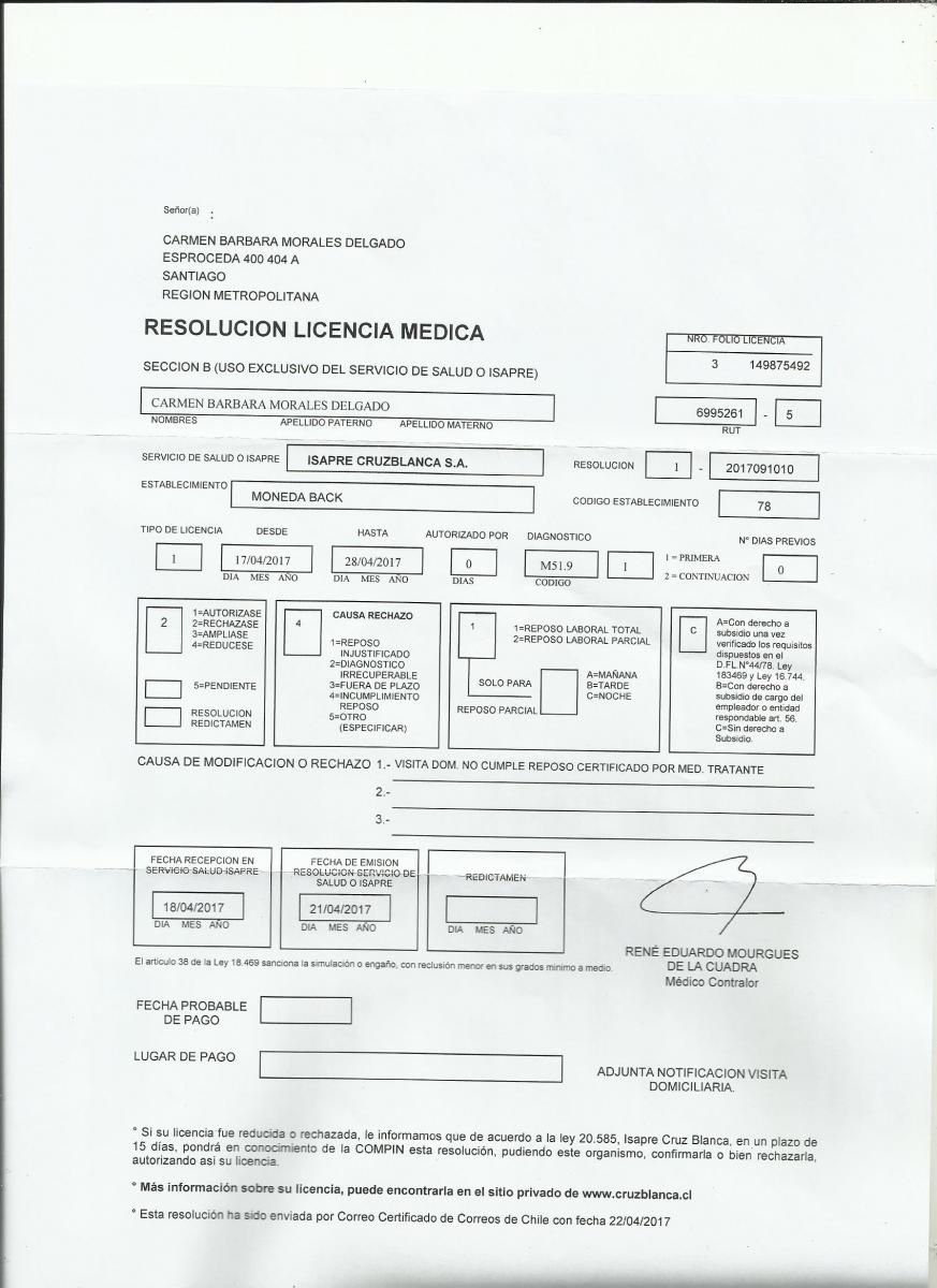 Isapre Cruz Blanca Rechazo Licencia Medica Licencia Rechazada Reclamoscl 6248